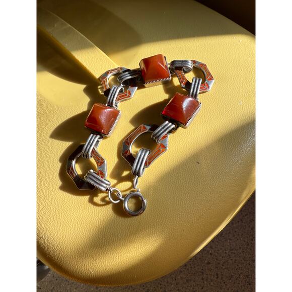 Vintage Art Deco Sterling Red Enamel Bracelet Carnelian Sard Pyramid Cabochon - Picture 2 of 11